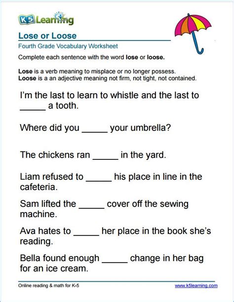 Printable 4th Grade Vocabulary Worksheet
