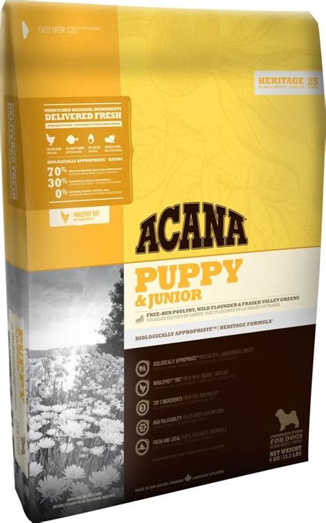 Acana recipes are developed to ensure that dogs maintain a kibble diet that is natural yet rich in nutrients. Acana Heritage Puppy And Junior Dog Food - 340g Bag # ...