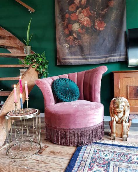 Vintage Interior Velvet Chair Pink Green Eclectic Living