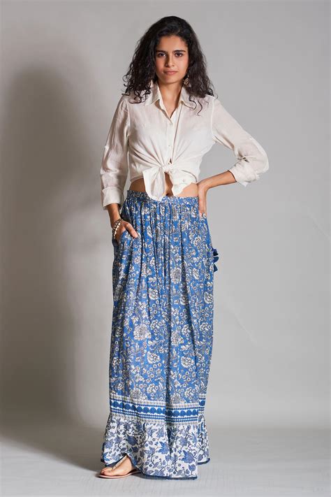 Buy Blue Cotton Dobby Printed Skirt For Women By Payal Jain Online At
