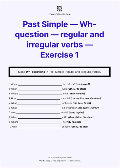 Past Simple — Wh Question Regular And Irregular Verbs — Worksheet 1