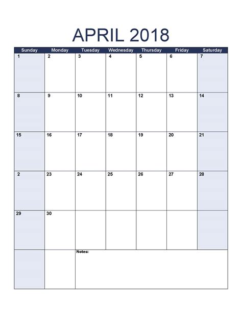 Free Printable April 2018 Calendar