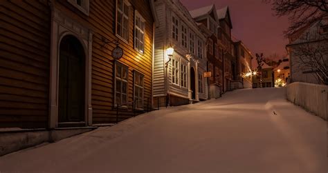 Nature Winter Snow Norway Town House Night Lights Hill Trees Fence