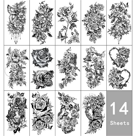 Soovsy 49 Sheets Large Flower Temporary Tattoo Butterfly Bee Crescent Moon Half Arm Tattoos For
