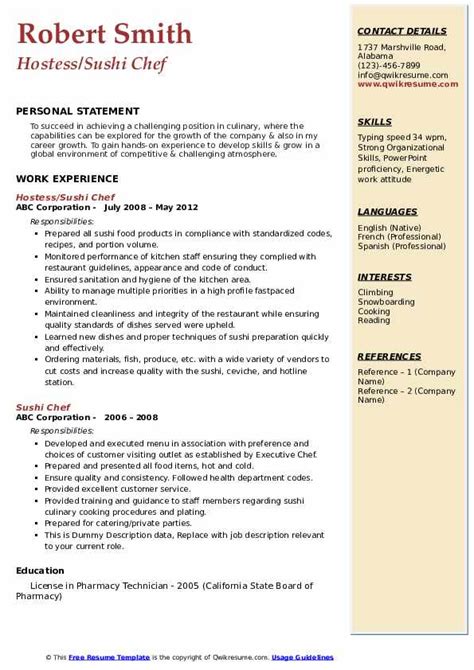 Sushi Chef Resume Samples Qwikresume