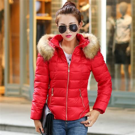 winter jacket women 2015 new large fur collar hood solid slim short