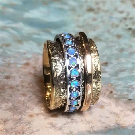 Blue Opals Ring Spinners Ring Wide Brass Gold Silver Ring Etsy In