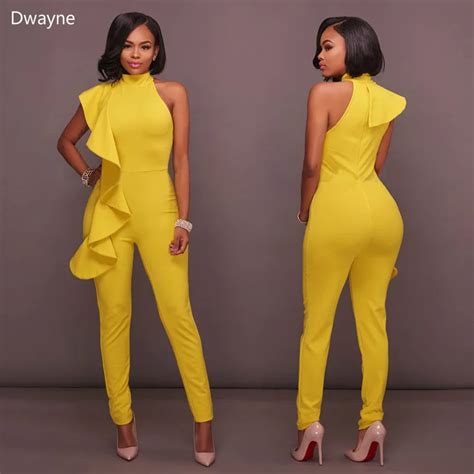 women autumn jumpsuit new fashion one shoulder yellow jumpsuits elegant falbala tight sexy