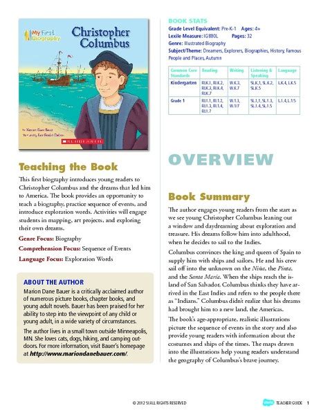 My First Biography Christopher Columbus Storia Teaching Guide