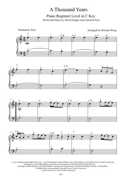 A Thousand Years Easy Beginner Piano Free Music Sheet