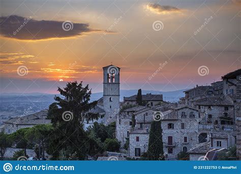 sunset from assisi perugia province umbria italy panoramic view of the city of san francesco