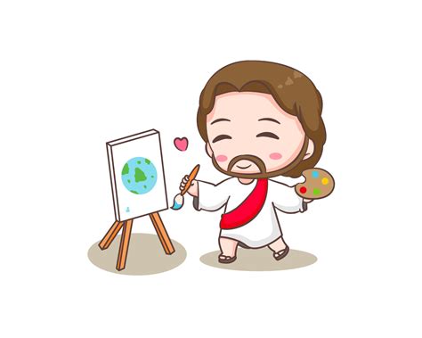 Cute Jesus Christ Cartoon Character Panting The Earth Hand Drawn Chibi