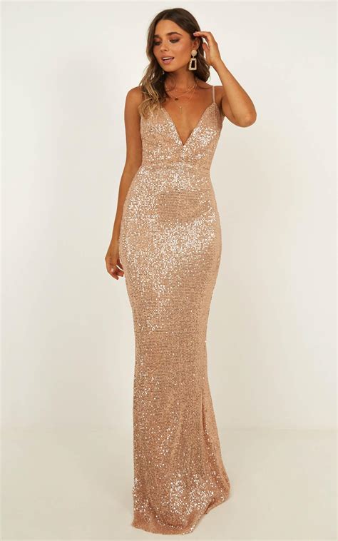 Indulge Me Maxi Dress In Rose Gold Sequin Showpo Gold Sparkly Dress