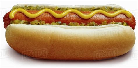 Hot Dog On A Bun With Mustard And Relish Stock Photo Dissolve