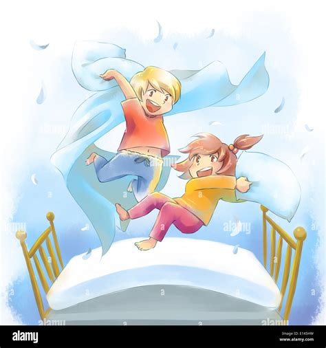 Illustration Of Happy Children Pillow Fighting On Bed Stock Photo Alamy