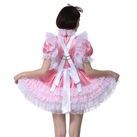 Women Sissy Maid Large Bow Baby Pink Shiny Satin Lockable Dress