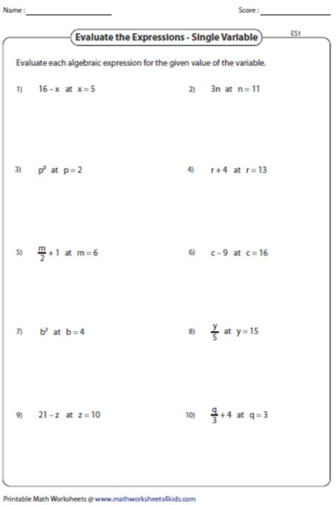Writing And Evaluating Expressions Where Letters Are Unknown Numbers Worksheets