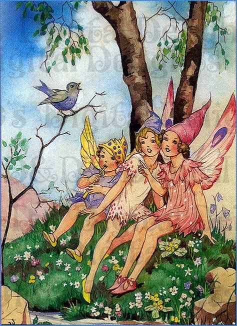 Three Little Fairies Listen To A Birdie Sing Vintage Fairy