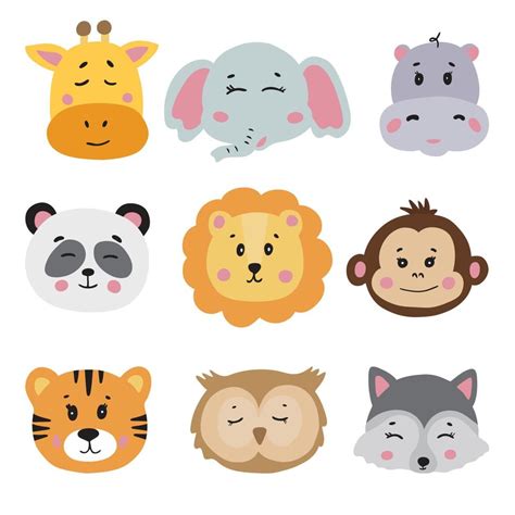 Set Of Cute Animal Faces Hand Drawn Characters Vector Illustration