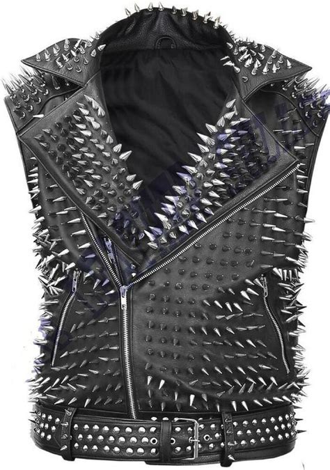 Men Rock Punk Black Studded And Spiked Vest Style Leather Jacket Studded