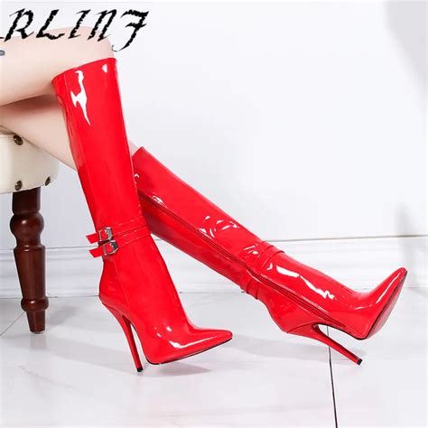 Rlinf Sexy Super High Heel Boots 13cm Fine With Pointed Patent Leather Stretch Over The Knee
