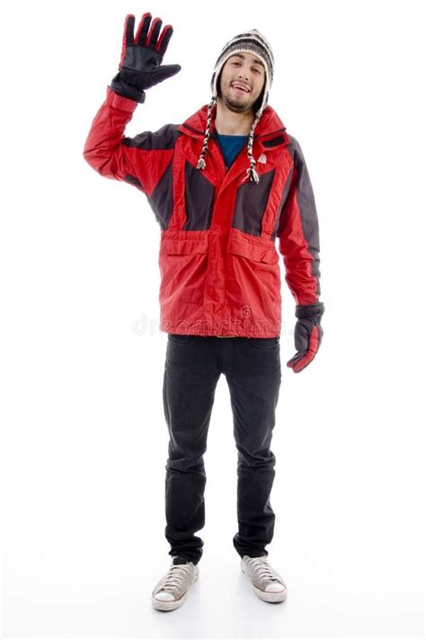 Man Wearing Winter Cap And Jacket Waving Hello Stock Image Image Of