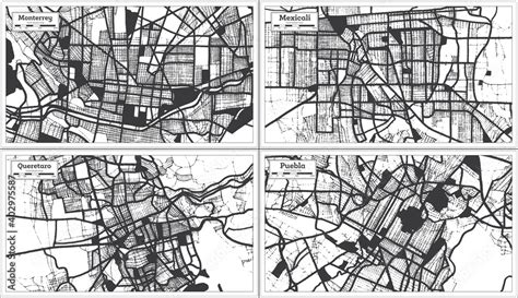 Queretaro Mexicali Puebla And Monterrey Mexico City Maps Set In Black