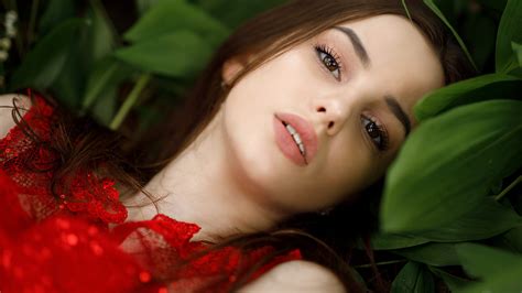 Brunette Girl Model With Red Dress And Pink Lips Hd Model Wallpapers
