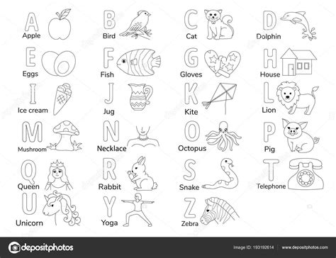 Colorless Alphabets Illustration Coloring Book Page Kids English