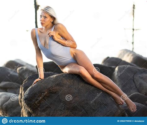 Close Luxurious Slim Girl In Blue Bikini Sexy Tanned Body Flat
