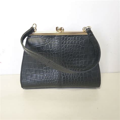 Liz Claibor Kisslock Small Croc Leather Mini Bag Handbag Purse Black