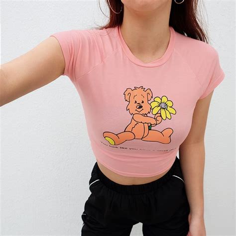 Cute Bear Print Short Sleeve T Shirt Short Sleeve Cropped Top Crop