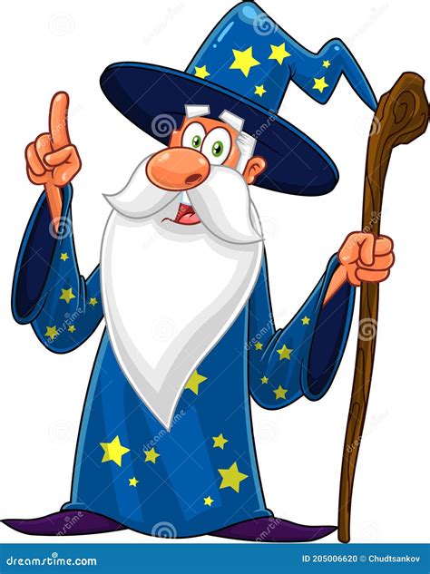 Old Wizard Cartoon Character With A Cane Pointing Stock Vector