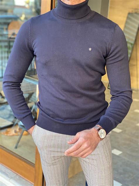 Navy Blue Slim Fit Turtleneck Sweater For Men By