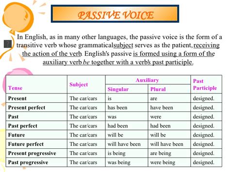 Mostly, this occurs when the actor is unknown or irrelevant. Passive Verbs Presentation