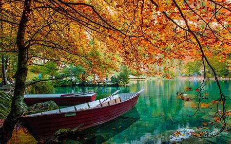 Wallpaper 2100x1315 Px Boat Fall Green Lake Landscape Leaves Nature Trees Water