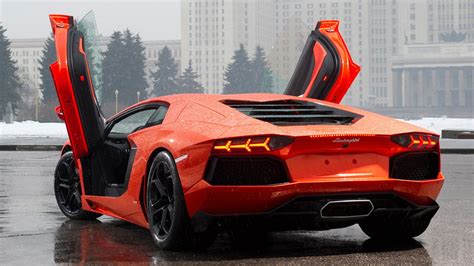 Orange Lamborghini Aventador In The Rain Hd Desktop Wallpaper