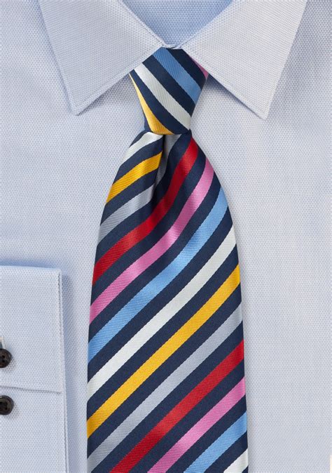 Bright Striped Necktie In Navy Pink Red And Yellow Bows N