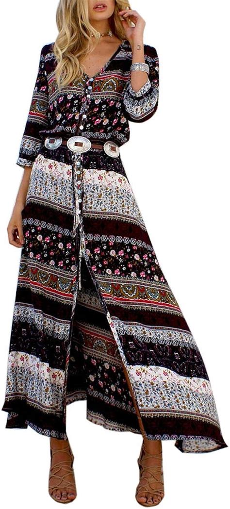Womens V Neck 34 Sleeve Bohemian Summer Dresses Split Floral Print Long Maxi Dress