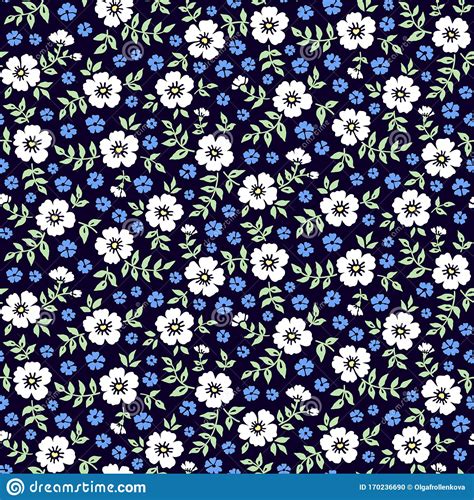 Seamless Ditsy Floral Pattern In Vector Blue And White Flowers On A