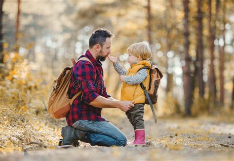 A Mature Father With Backpack And Toddler Son In An Autumn Forest
