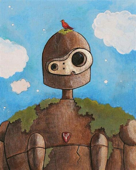A Painting Of A Robot Sitting On Top Of A Hill With A Bird Perched On