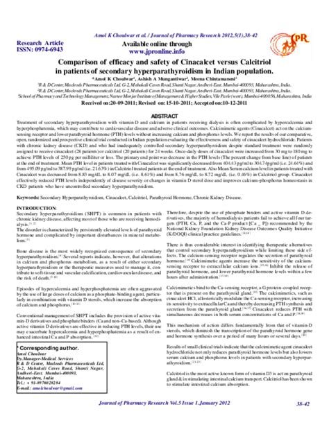 Pdf Comparison Of Efficacy And Safety Of Cinacalcet Versus Calcitriol