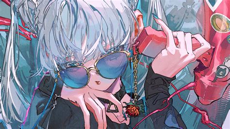 Wallpaper Anime Girls Goggles Digital Art Sunglasses Blue Hair Choker 3840x2160