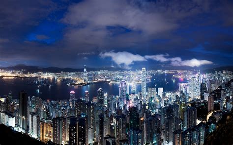 デスクトップ壁紙 香港 中国 夜 大都市 超高層ビル ライト 青 空 雲 パノラマ 見る 標高 1920x1200
