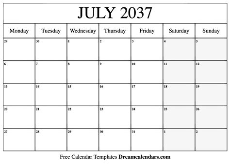 July 2037 Calendar Free Blank Printable With Holidays