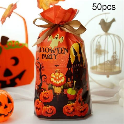 50pcs Halloween Candy Bags With Ribbons Cookie Packaging Cute Present