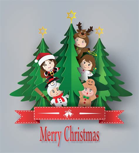 Merry Christmas Greeting Card With Children 585770 Vector Art At Vecteezy