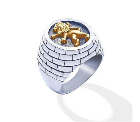 Customized for your finger size. Lion of Judah Ring for Men Jerusalem Wall Design 9k Gold and 925 Silver | aJudaica.com