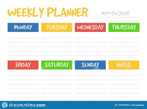 Weekly Planner Design Template Vector Isolated Schedule Stock
